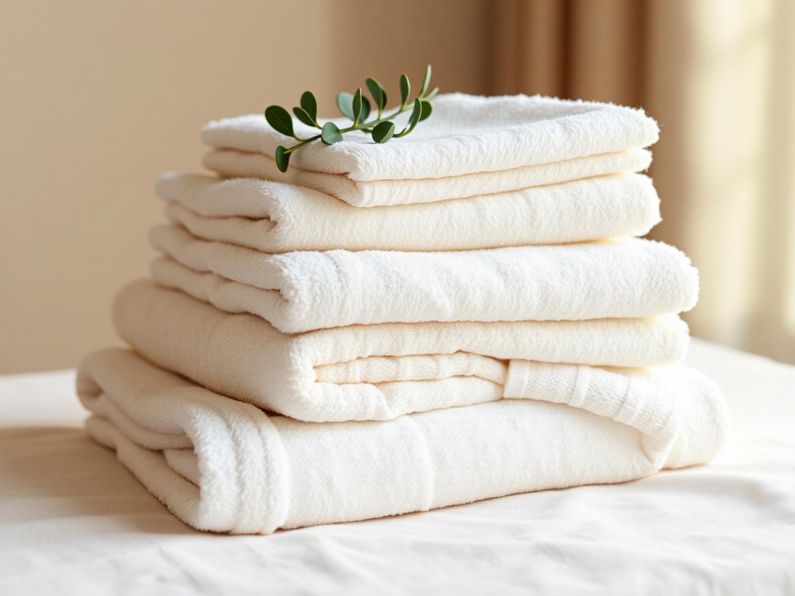Stack of soft hotel bath towels with a sprig of eucalyptus
